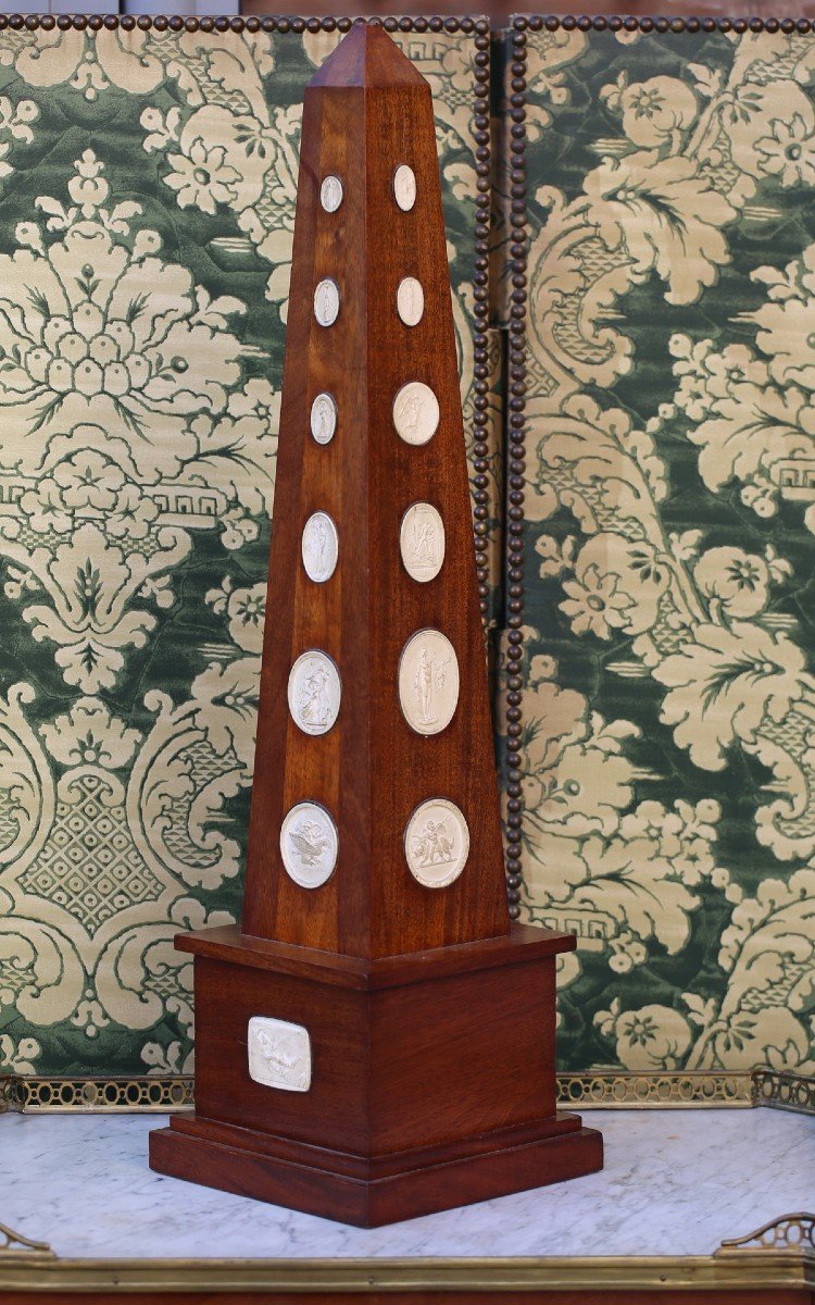 Serge Royaux Attributed To Circa 1950, Large Obelisk In Walnut And Plaster Cameos.-photo-2