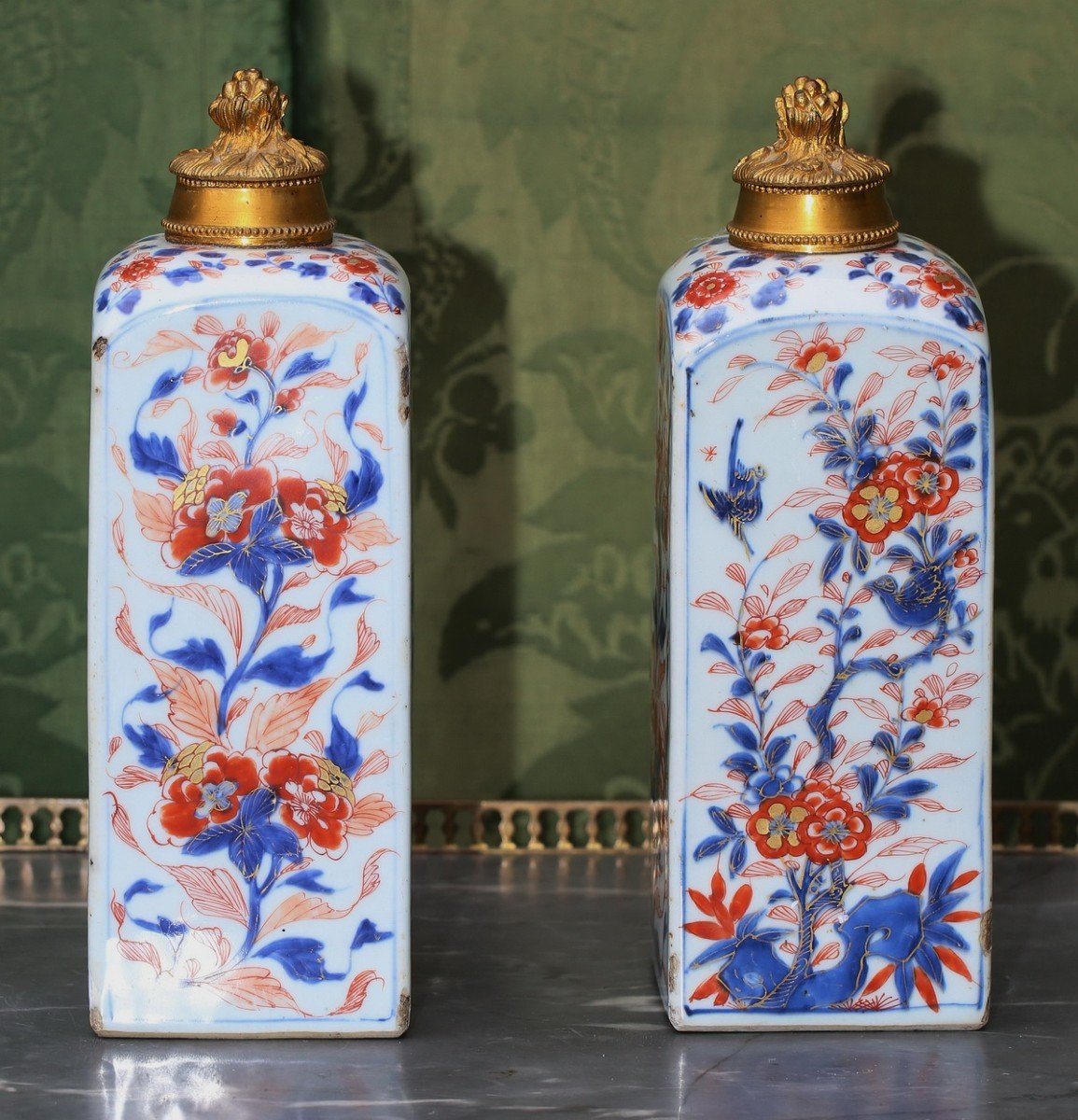 China Imari XVIII Pair Of Square Porcelain Bottles, Gilt Bronze Stoppers.-photo-2