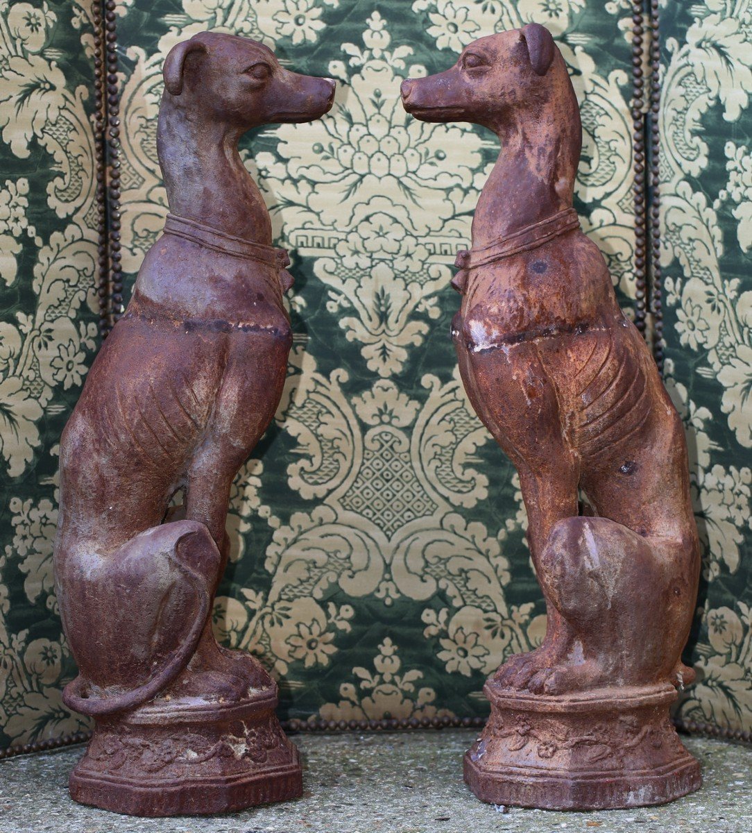 Fonderie Du Val D Osne, Pair Of Seated Greyhounds, Cast Iron Circa 1880-photo-2