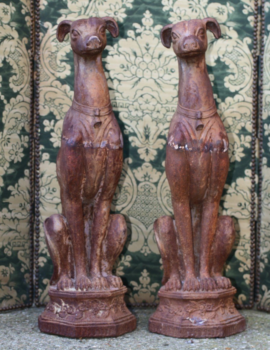 Fonderie Du Val D Osne, Pair Of Seated Greyhounds, Cast Iron Circa 1880-photo-3