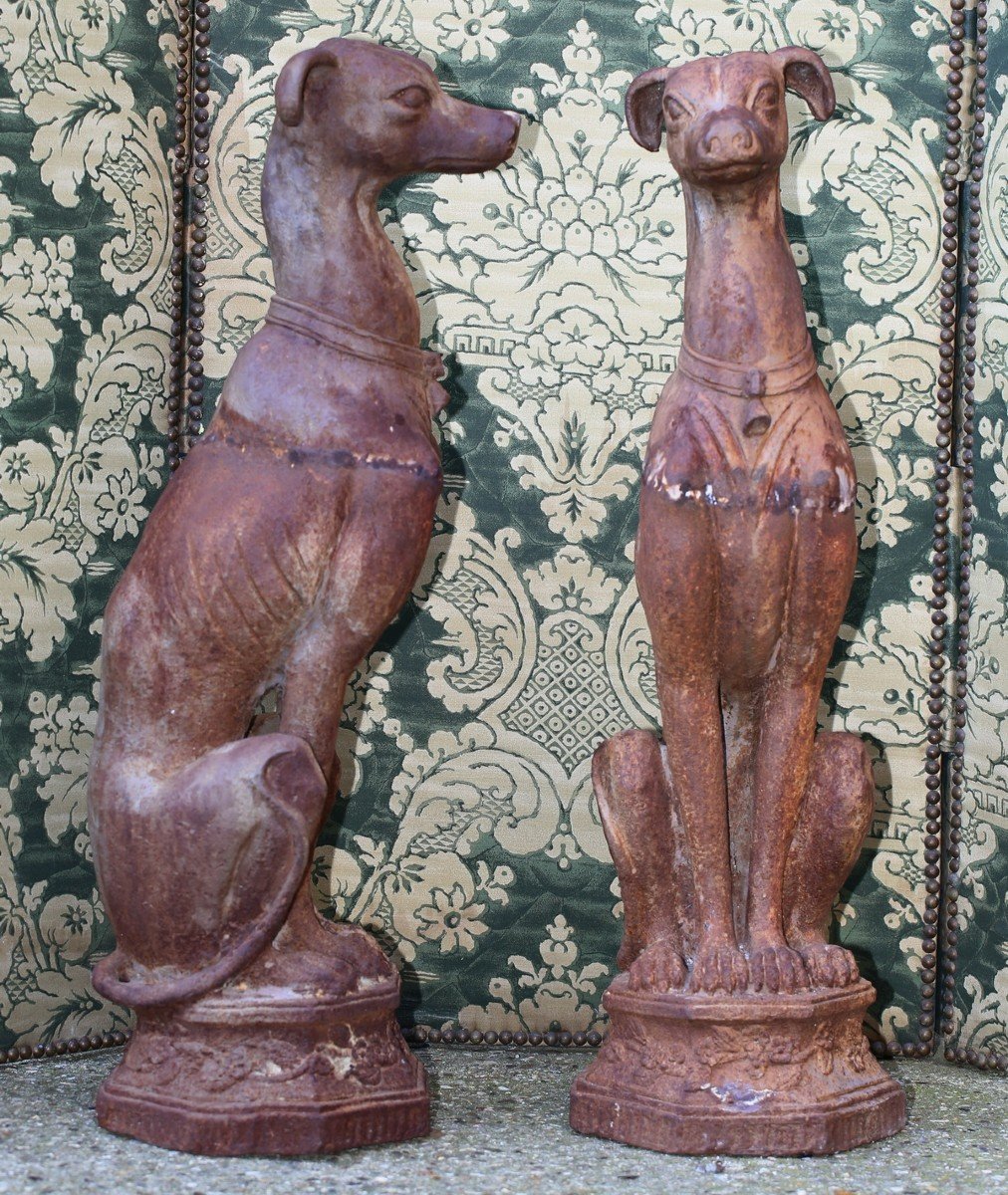 Fonderie Du Val D Osne, Pair Of Seated Greyhounds, Cast Iron Circa 1880-photo-4