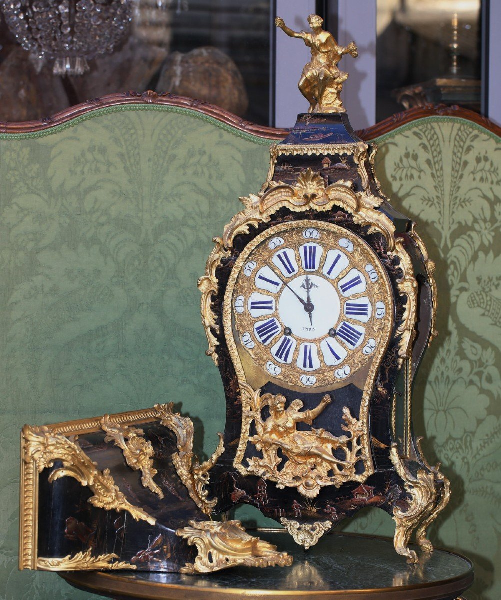 Wall Clock And Console In Parisian Varnish With Chinese Decor Circa 1750