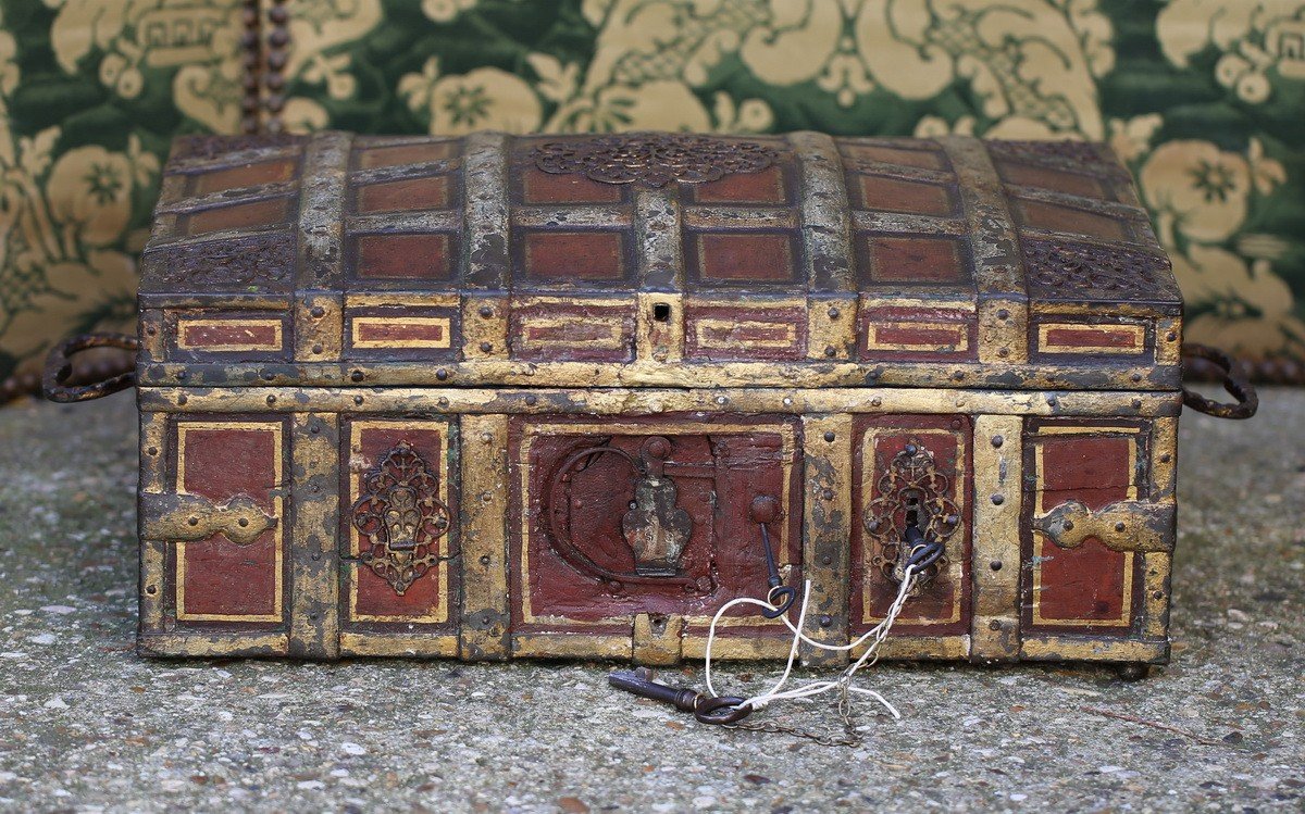 17th Century Lacquered Metal And Wood Mail Box With 3 Keys And Secrets-photo-2