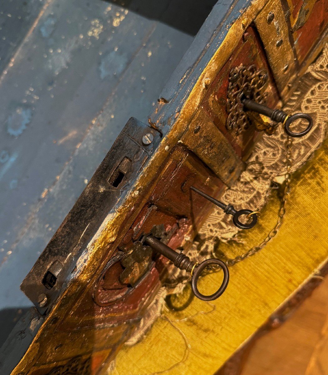 17th Century Lacquered Metal And Wood Mail Box With 3 Keys And Secrets-photo-4