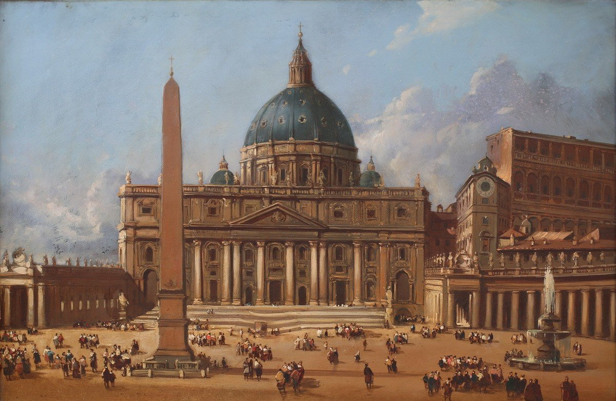 Italian School Of The Late Nineteenth Century, St Peter's In Rome (veduta), Oil On Copper-photo-2