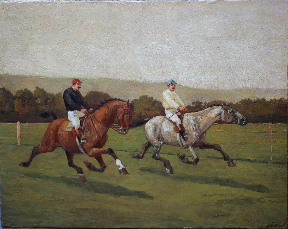 English School Of The 19th Century, Mounted Trotting Race, Oil On Panel.-photo-2