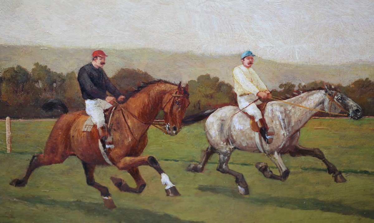 English School Of The 19th Century, Mounted Trotting Race, Oil On Panel.-photo-3