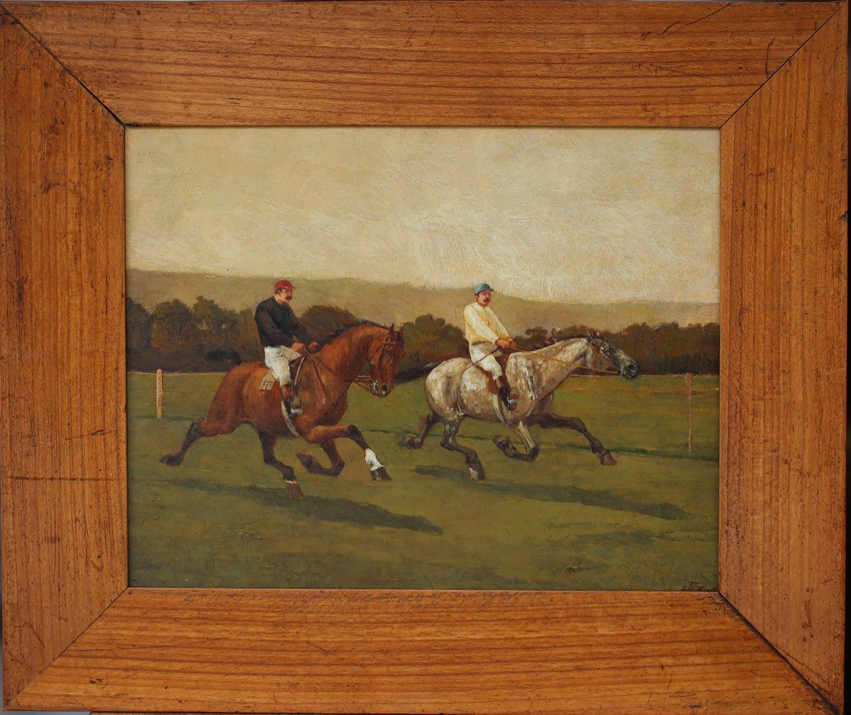 English School Of The 19th Century, Mounted Trotting Race, Oil On Panel.