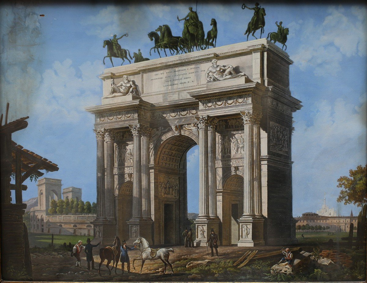 Ecole Italienne Début Du XIX, Arco Della Pace à Milan, Gouache Sur Papier.-photo-2