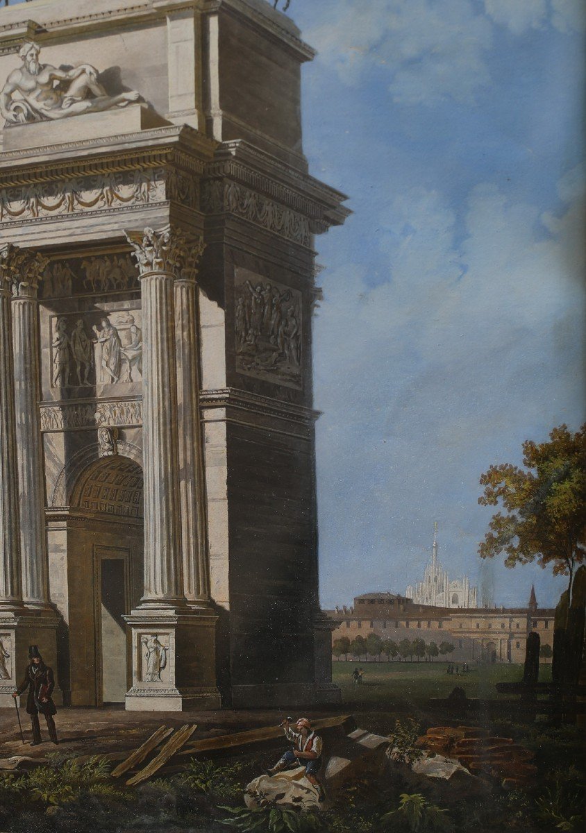 Ecole Italienne Début Du XIX, Arco Della Pace à Milan, Gouache Sur Papier.-photo-4