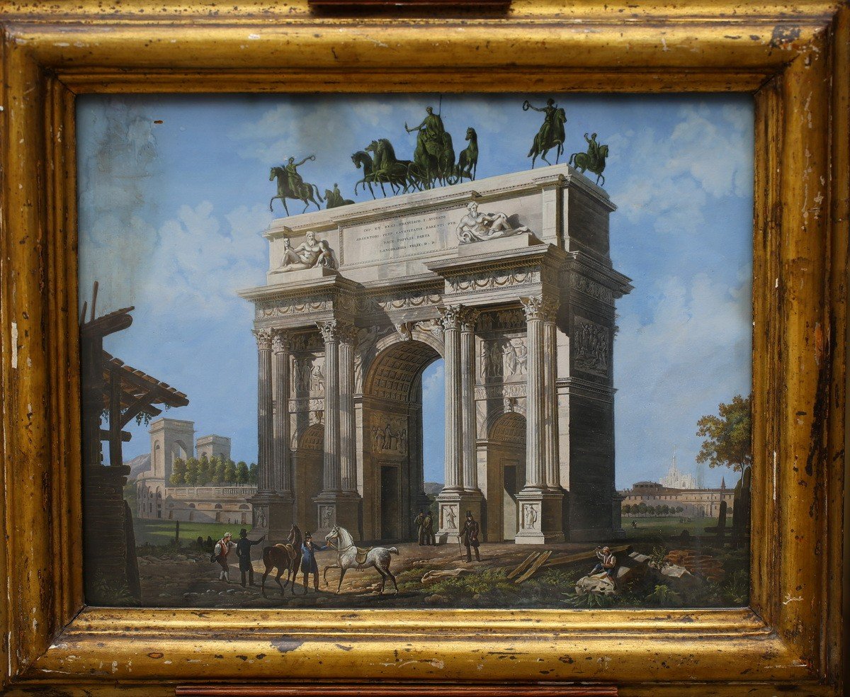 Ecole Italienne Début Du XIX, Arco Della Pace à Milan, Gouache Sur Papier.