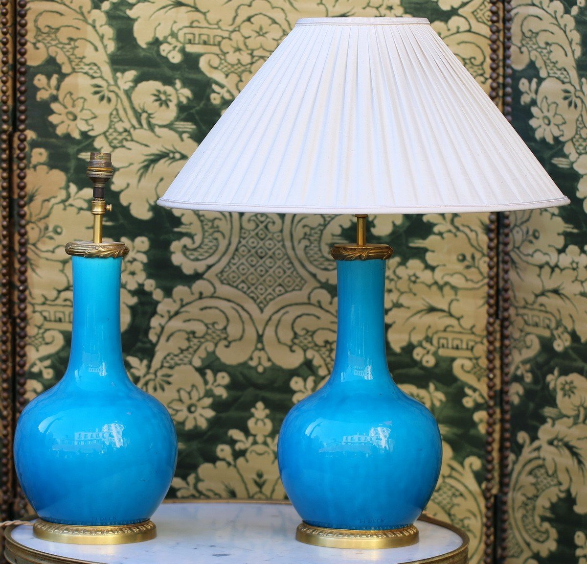 Théodore Deck 1823-1891 Pair Of Blue Porcelain Lamps Gilt Bronze Frame-photo-2