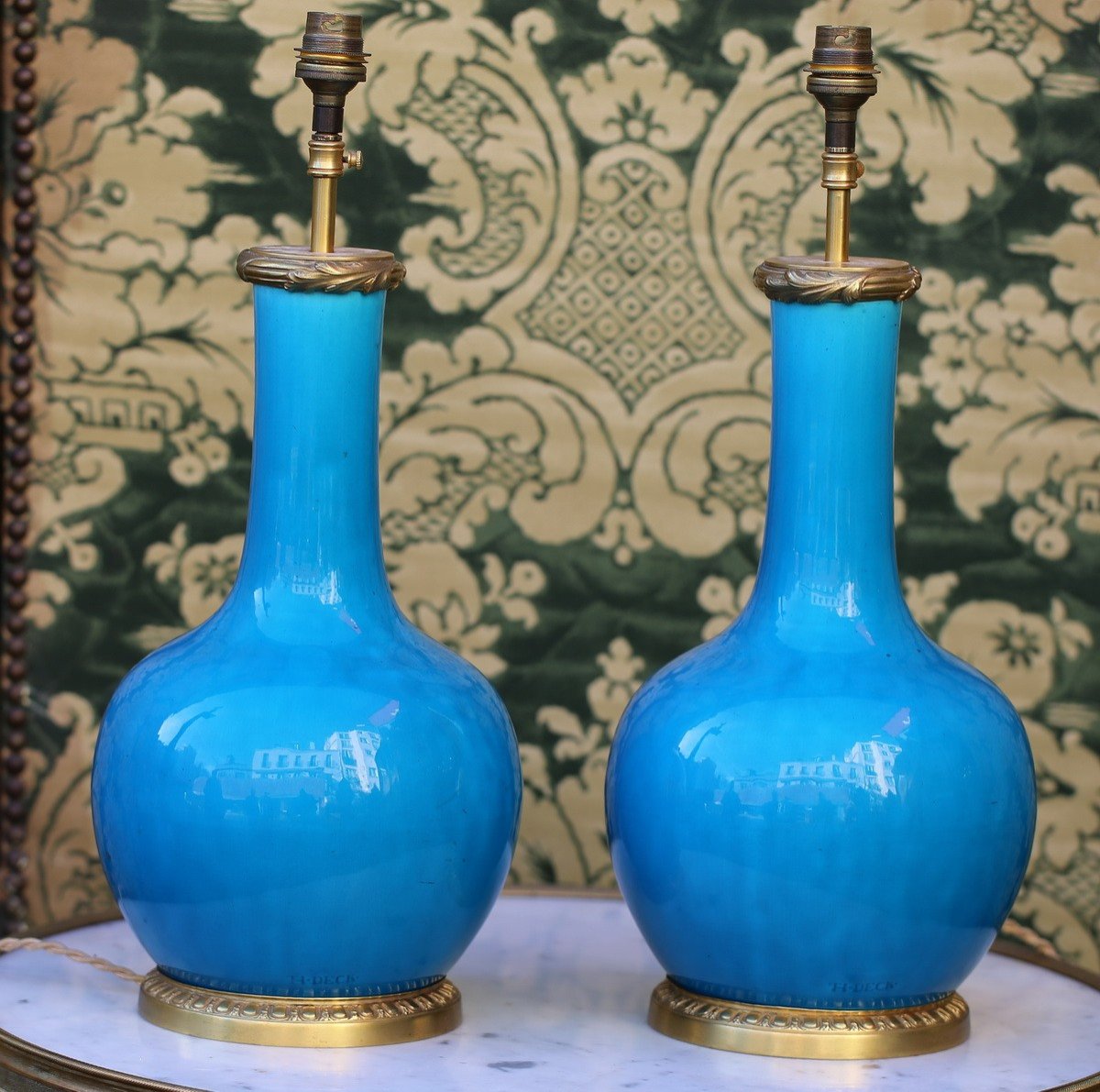 Théodore Deck 1823-1891 Pair Of Blue Porcelain Lamps Gilt Bronze Frame