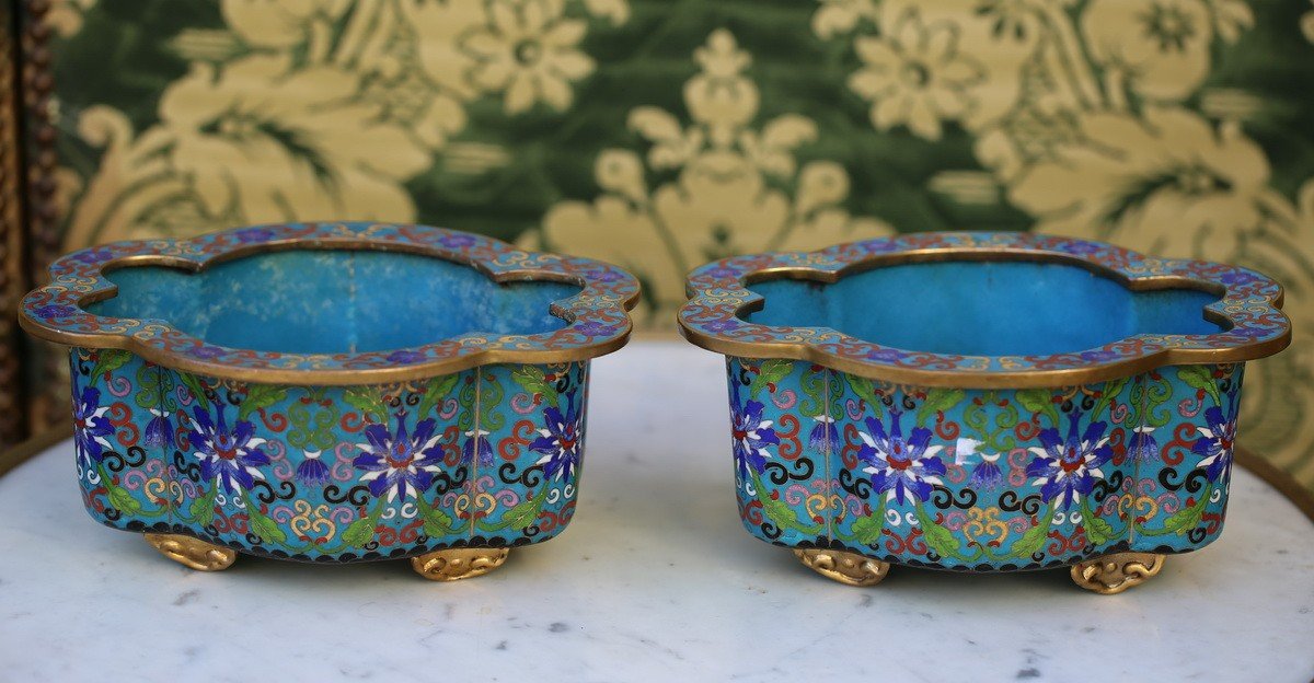 China Late 19th Early 20th Century Pair Of Small Cloisonné Enamel Planters On A Blue Background.-photo-2