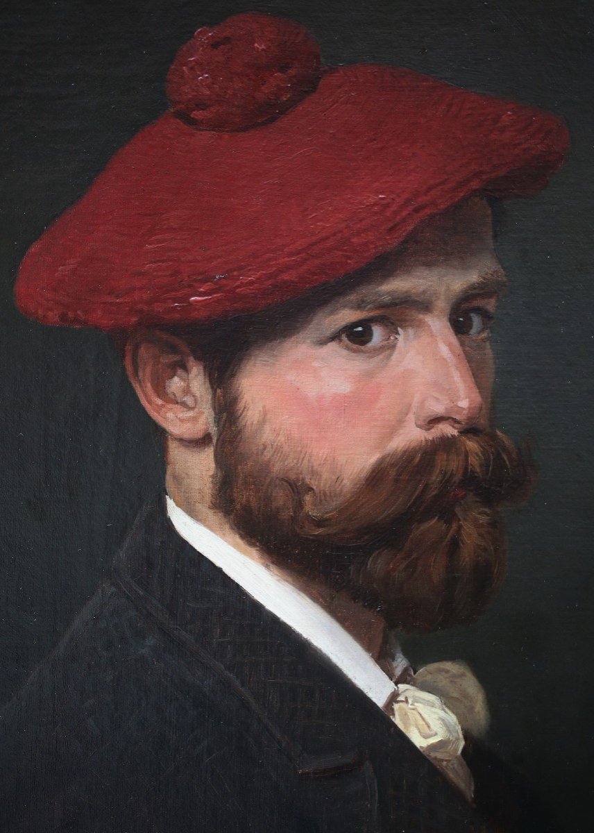 Russian School, Alexandr Bogdanovich Villevalde 1857-? Self-portrait With Red Berret In 1888-photo-3