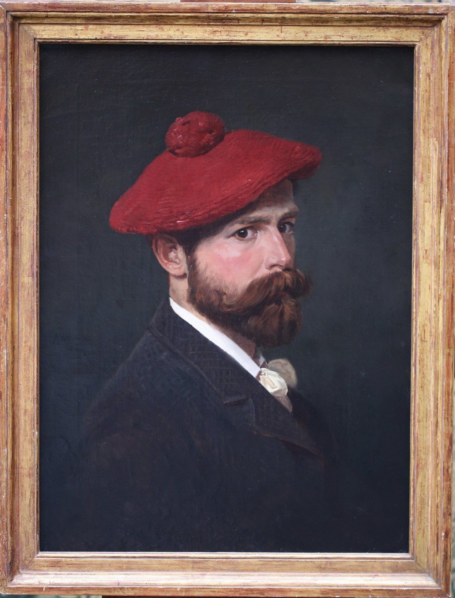 Russian School, Alexandr Bogdanovich Villevalde 1857-? Self-portrait With Red Berret In 1888