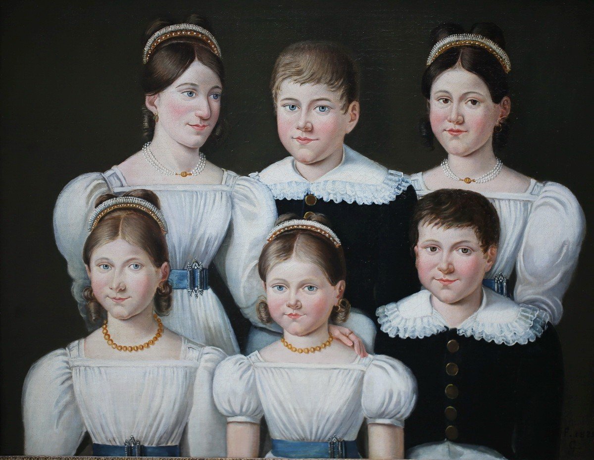 French School Circa 1820-1830, Family Portrait Young Children In 1828-photo-2