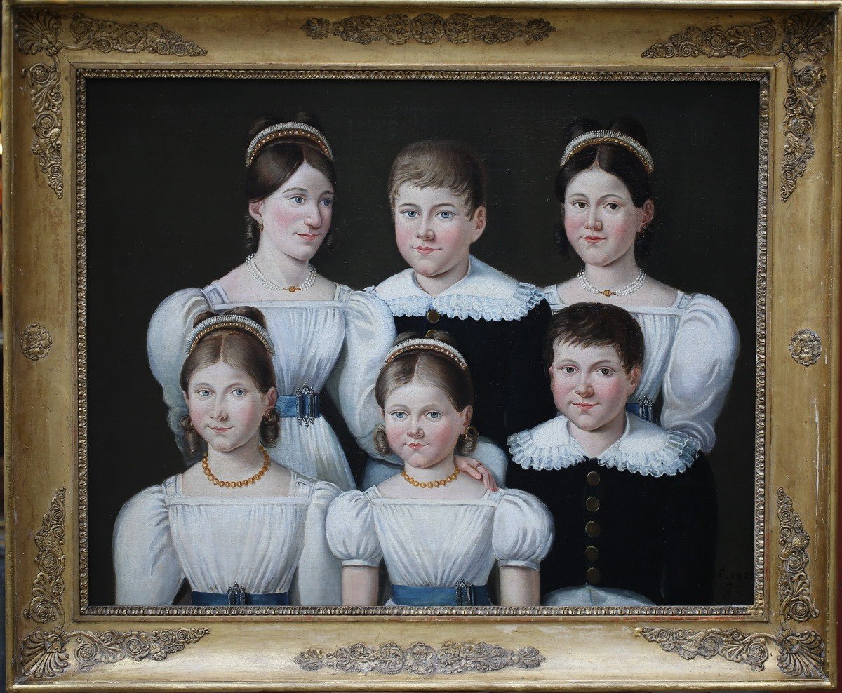 French School Circa 1820-1830, Family Portrait Young Children In 1828