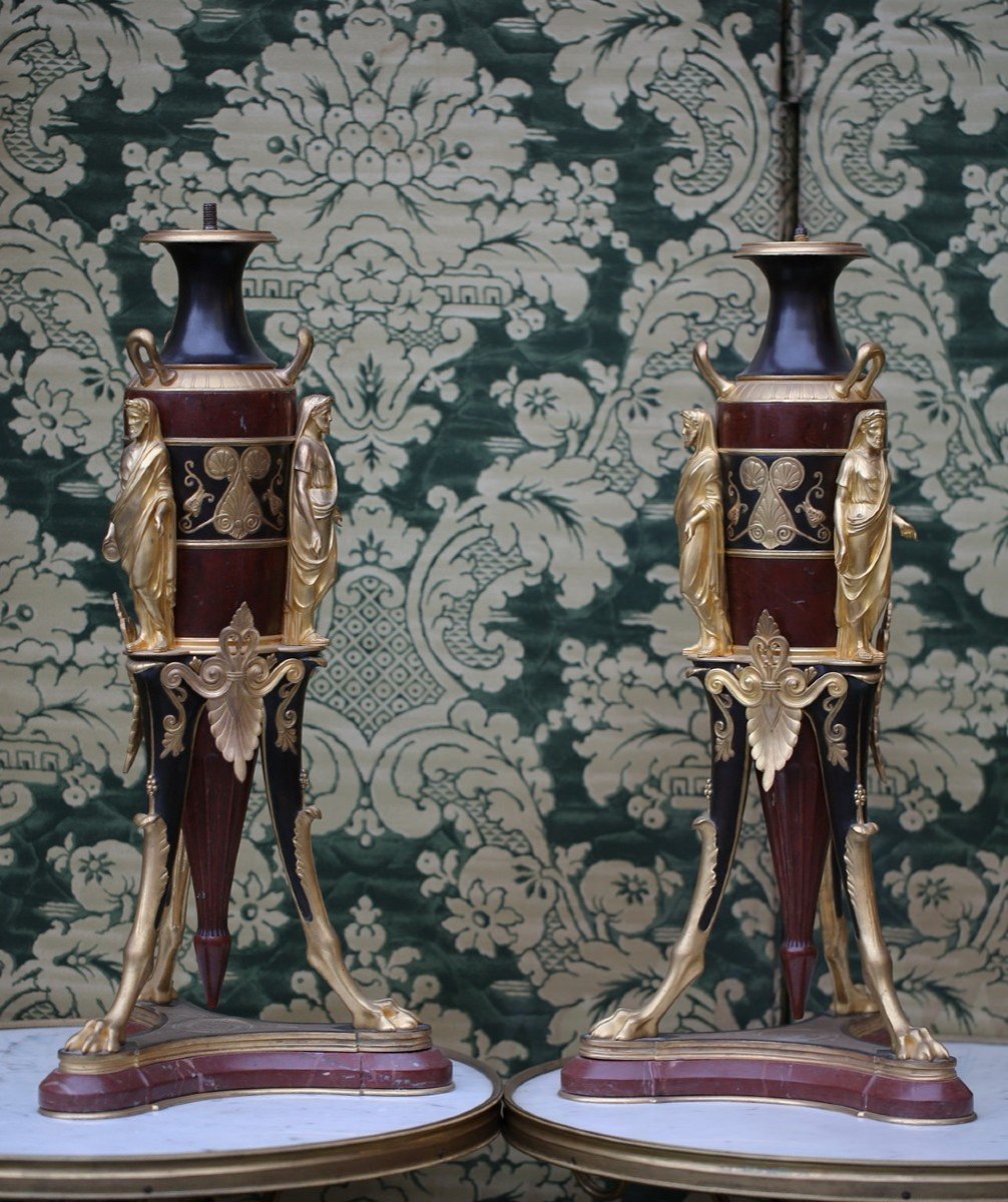 F.levillain (1837-1905) And Bronzier F.barbedienne Circa 1878 Attributed To, Pair Of Amphora Lamps.-photo-1