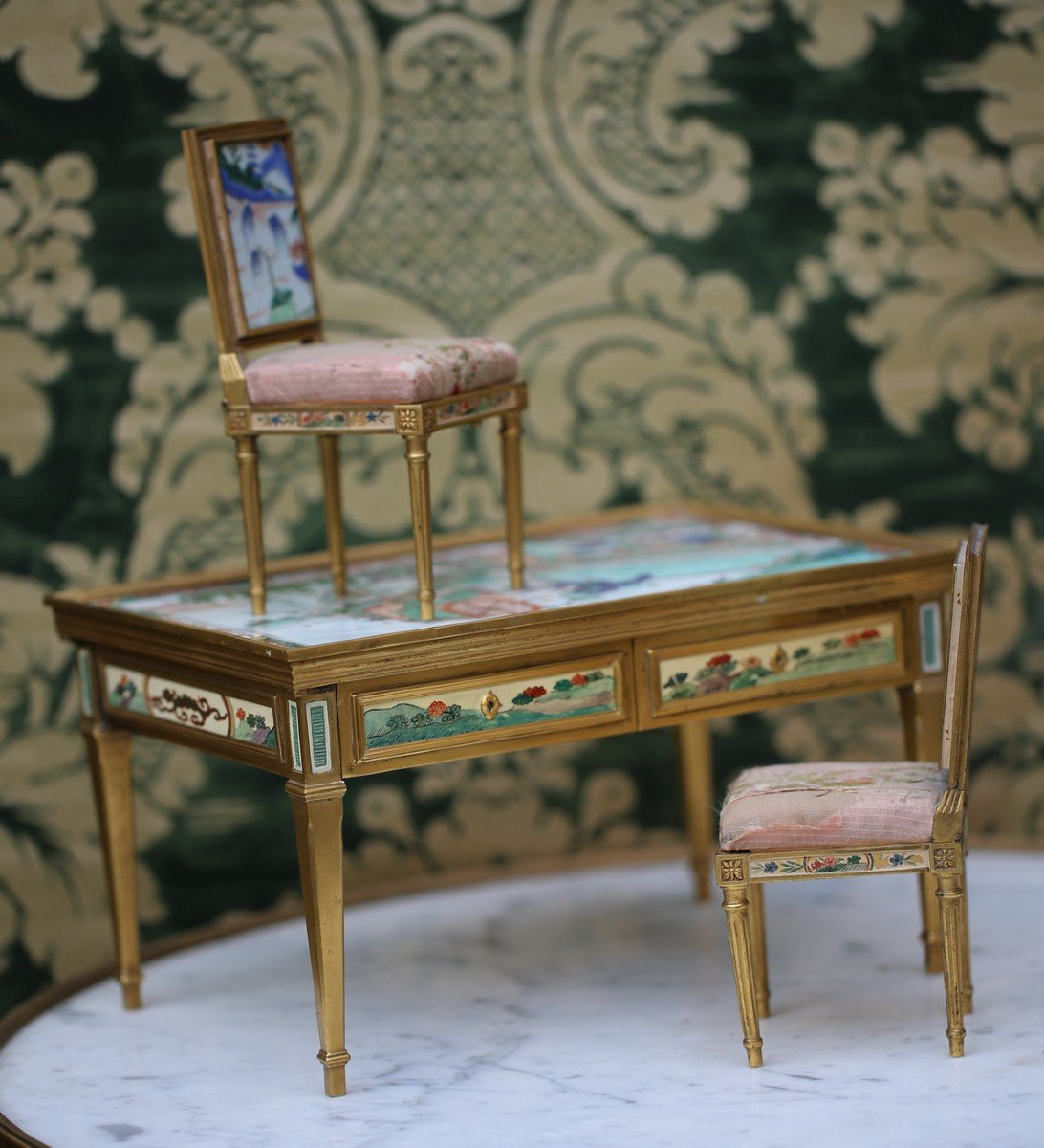 Boin Taburet Circa 1878 Miniature Furniture, A Desk And Two Chairs.-photo-2