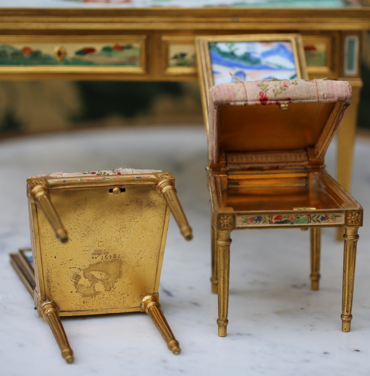 Boin Taburet Circa 1878 Miniature Furniture, A Desk And Two Chairs.-photo-5