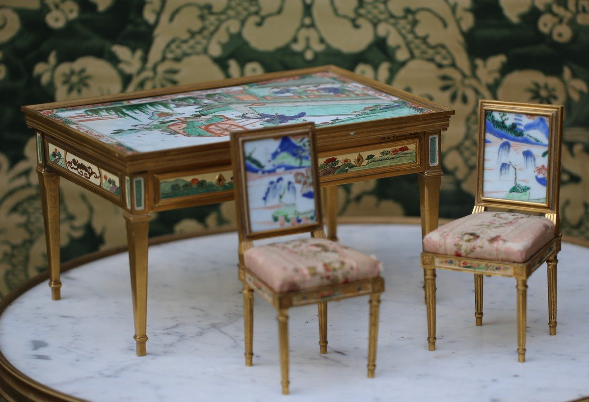 Boin Taburet Circa 1878 Miniature Furniture, A Desk And Two Chairs.