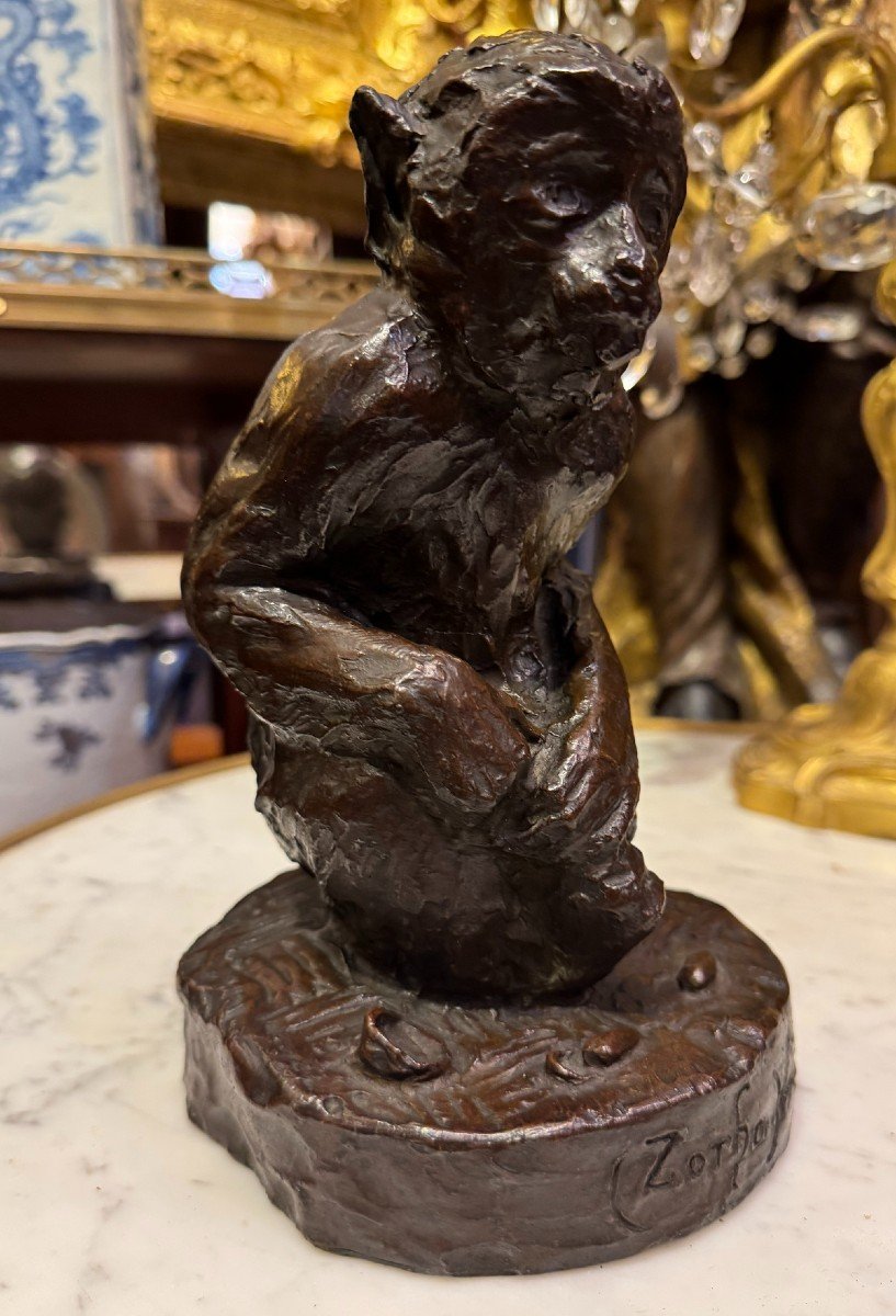 Aimée Nicolas Morot (1850-1913), Zorba Ben Chadi Seated Monkey, Bronze With Valsuani Brown Patina.