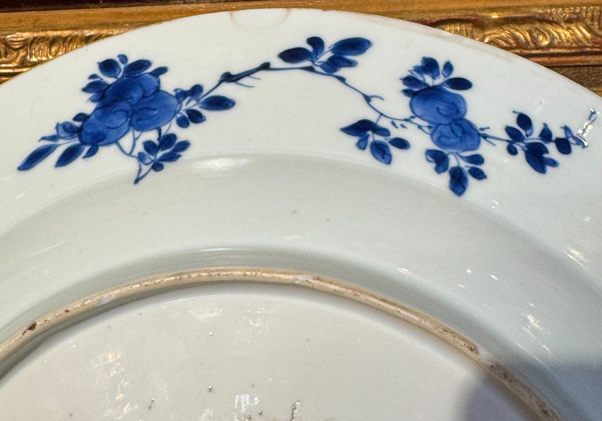 Chine XVII Porcelaine Blanc Bleue Kanghi, Plat Creux Décor De Fleurs Et Arbres Fleuris-photo-1