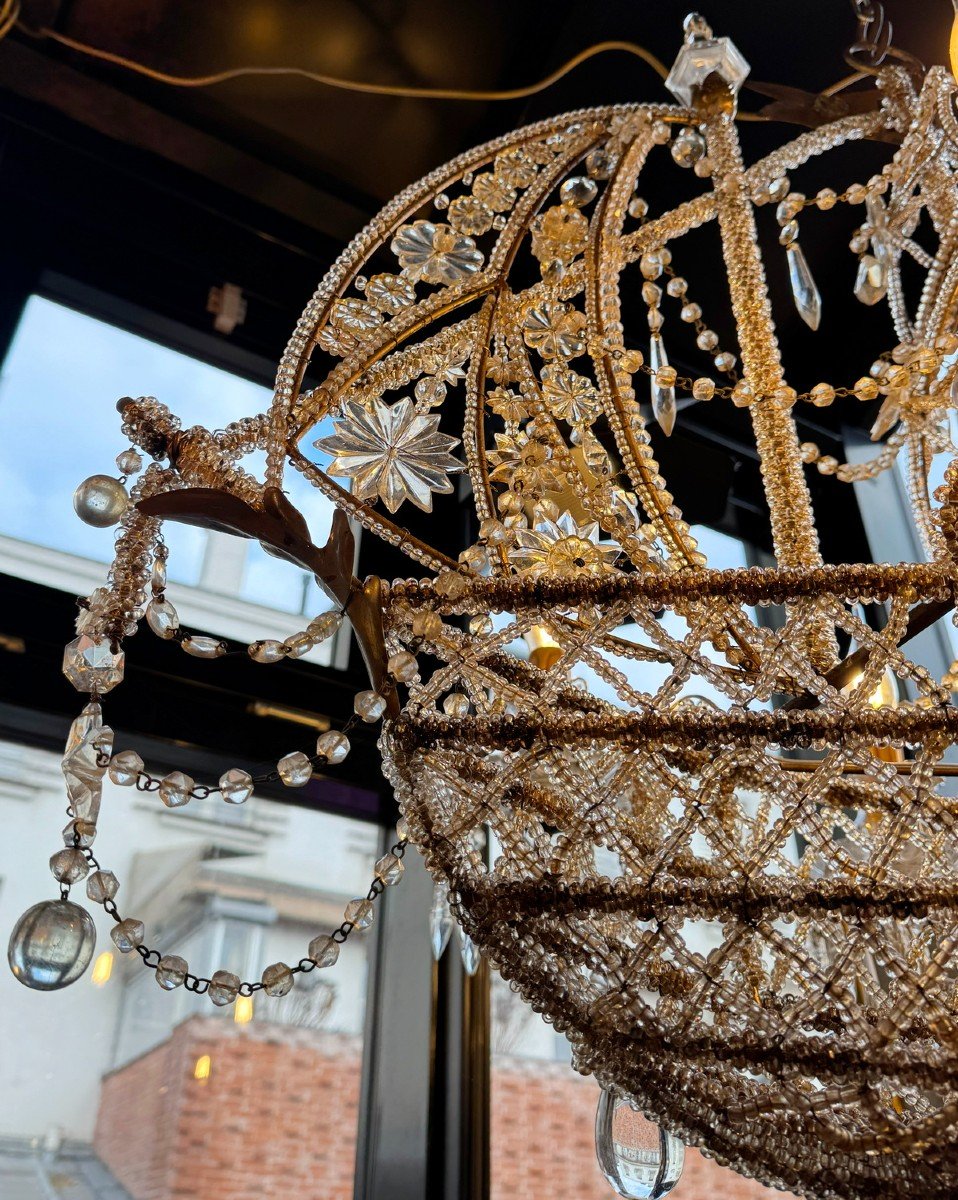 Chandelier In The Shape Of A Vessel With 6 Arms Of Lights, In Metal And Crystals In The Style Of Bagués -photo-3