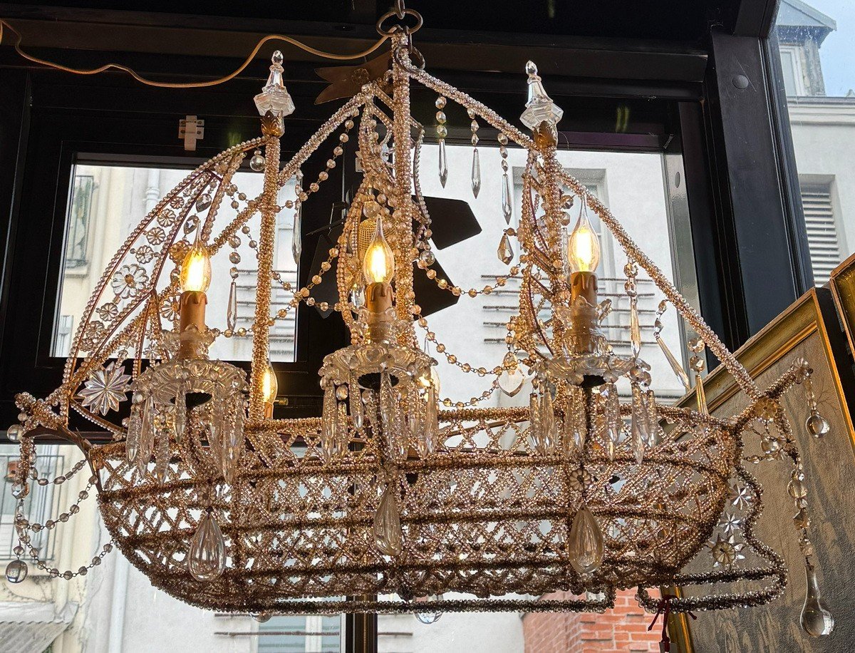 Chandelier In The Shape Of A Vessel With 6 Arms Of Lights, In Metal And Crystals In The Style Of Bagués -photo-4