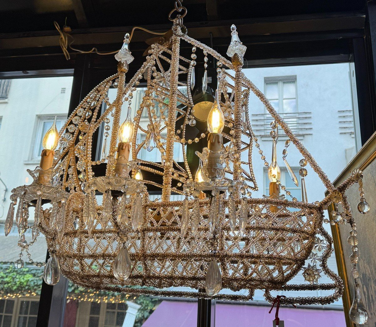 Chandelier In The Shape Of A Vessel With 6 Arms Of Lights, In Metal And Crystals In The Style Of Bagués 