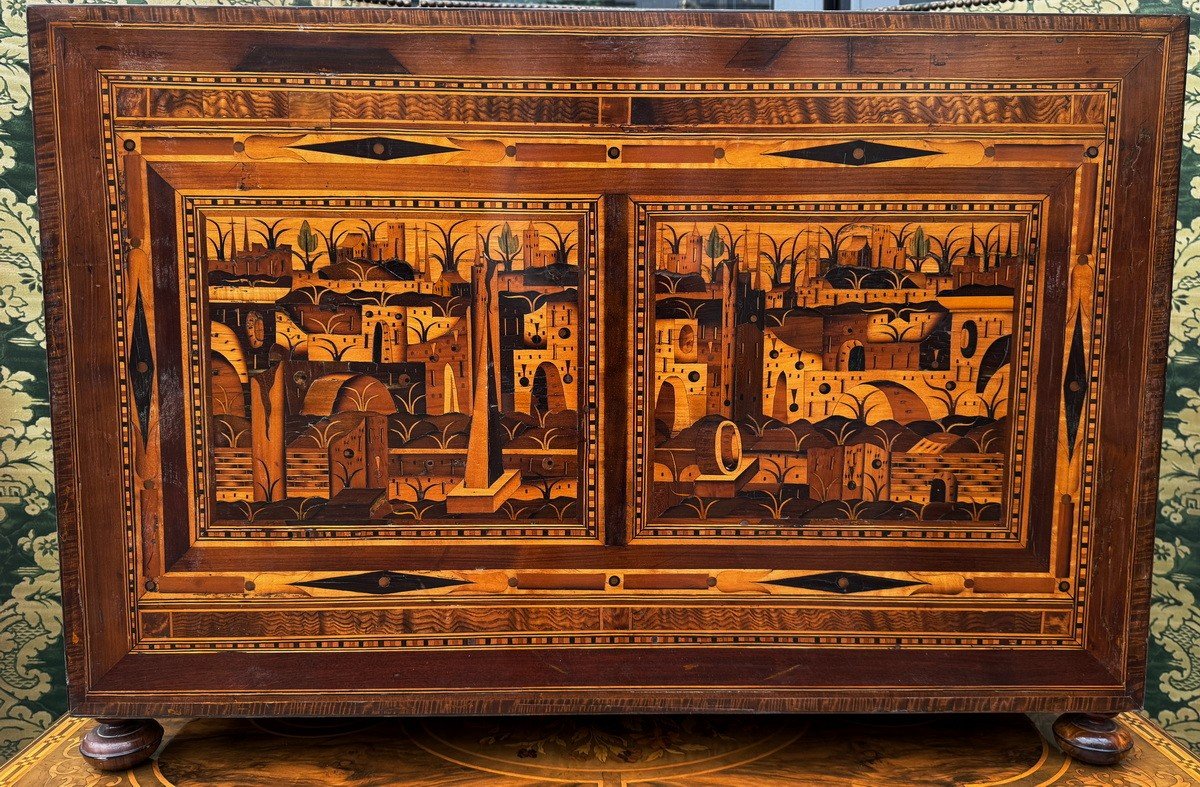 Cabinet D’époque Baroque, Fin Du XVIème, Allemagne Du Sud,  Augsbourg En Marqueterie De Bois-photo-4