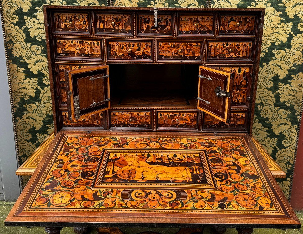 Cabinet D’époque Baroque, Fin Du XVIème, Allemagne Du Sud,  Augsbourg En Marqueterie De Bois-photo-2