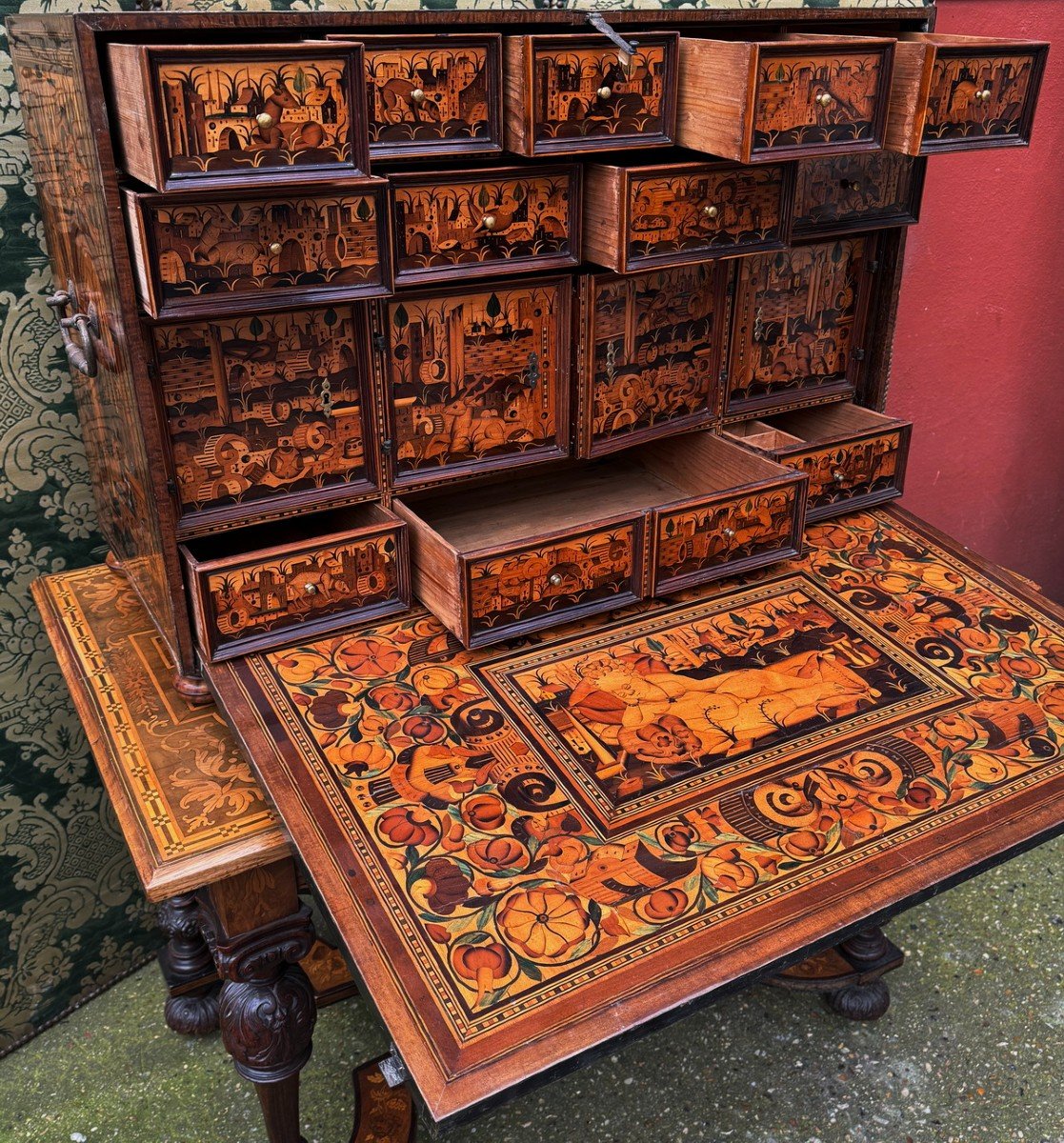 Cabinet D’époque Baroque, Fin Du XVIème, Allemagne Du Sud,  Augsbourg En Marqueterie De Bois-photo-3