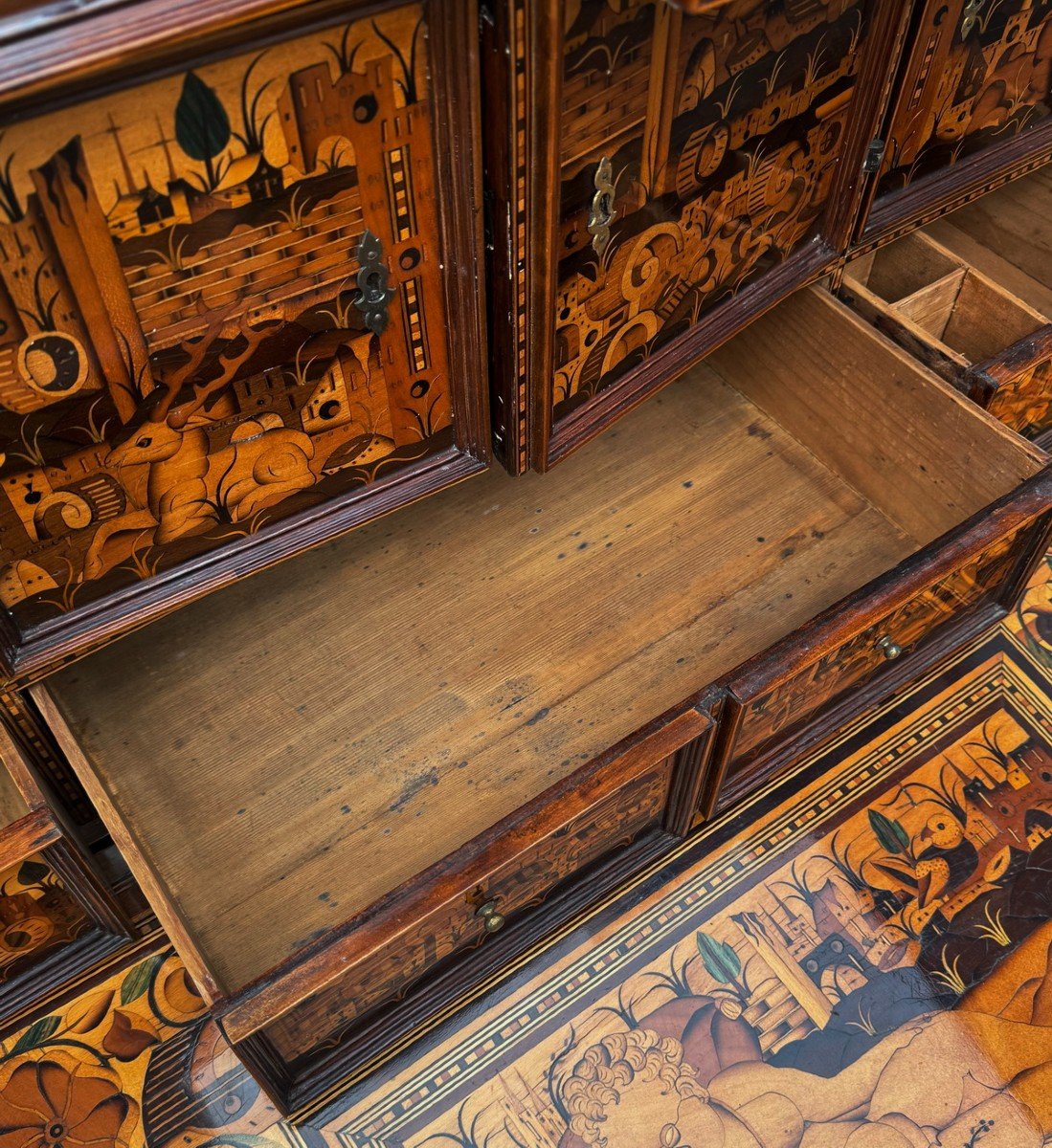 Cabinet D’époque Baroque, Fin Du XVIème, Allemagne Du Sud,  Augsbourg En Marqueterie De Bois-photo-5