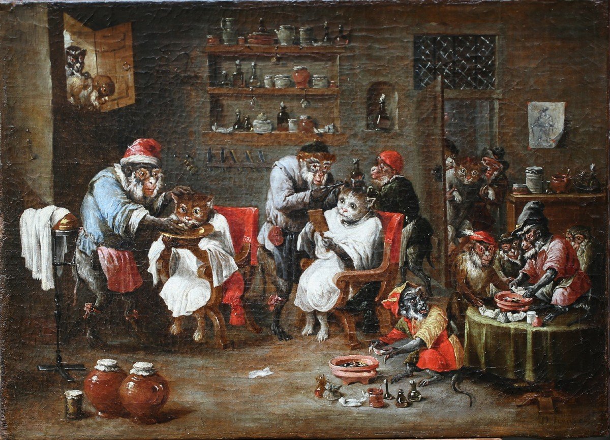 Abraham Teniers (1629-1670) Attributed To, The Barber Monkeys Styling Cats.-photo-2