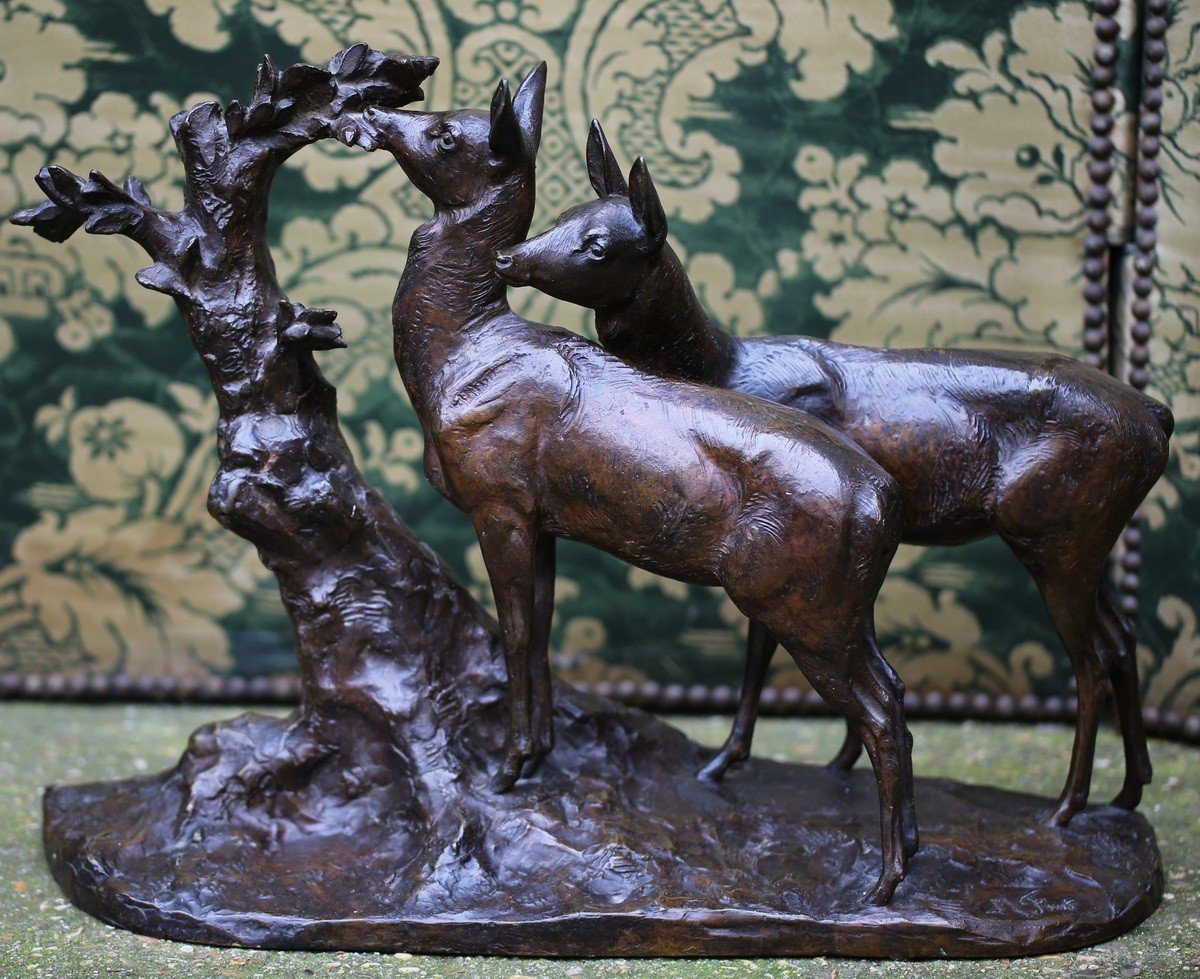 Maximilien Louis Fiot 1886-1953, Two Deer, Old Bronze Proof, Lost Wax Casting Susses