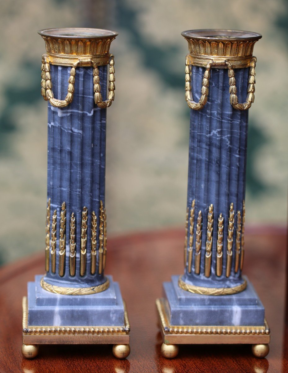 Pair Of Louis XVI Style Candlesticks In Blue Turquin Marble And Gilt Bronze, Signed Henri Picard -photo-2