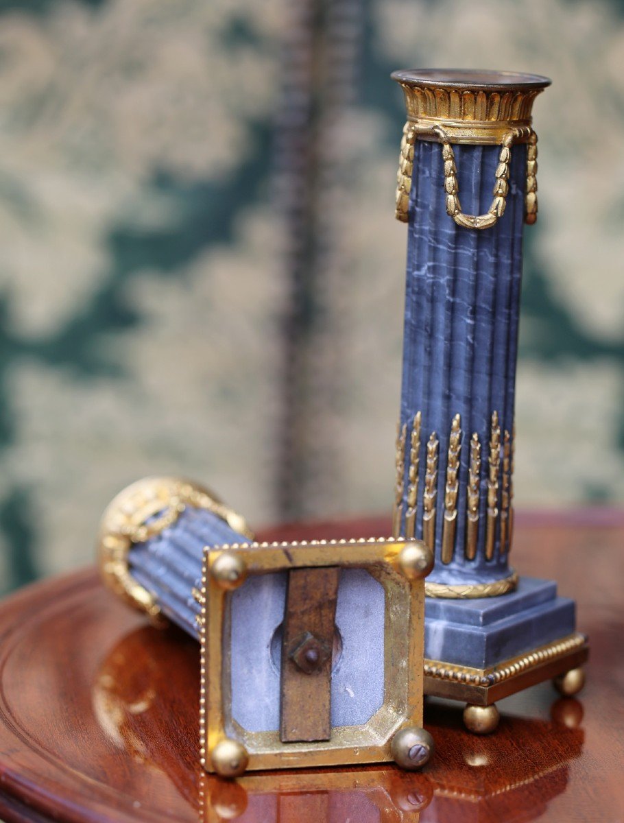 Pair Of Louis XVI Style Candlesticks In Blue Turquin Marble And Gilt Bronze, Signed Henri Picard -photo-3