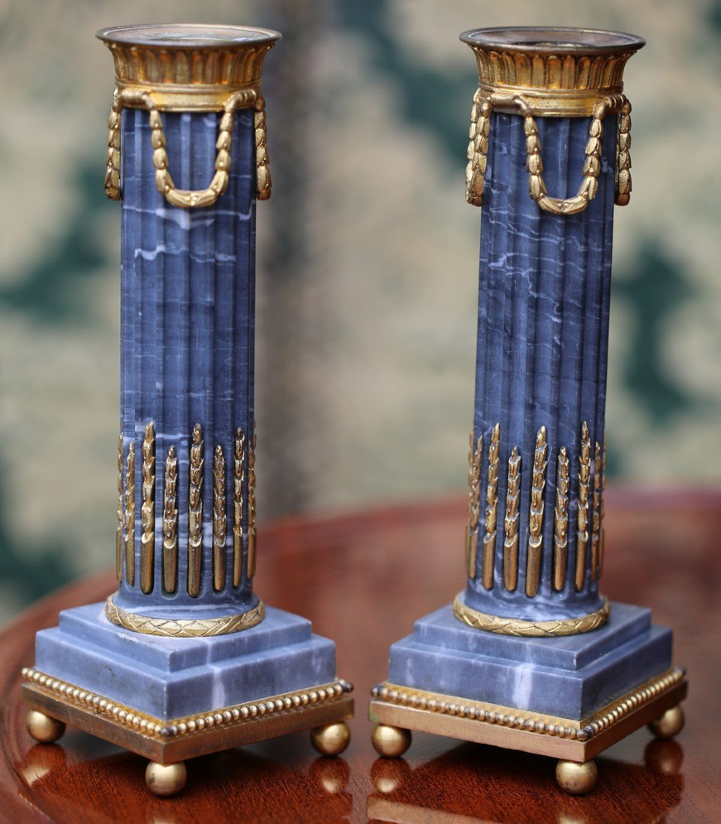 Pair Of Louis XVI Style Candlesticks In Blue Turquin Marble And Gilt Bronze, Signed Henri Picard 