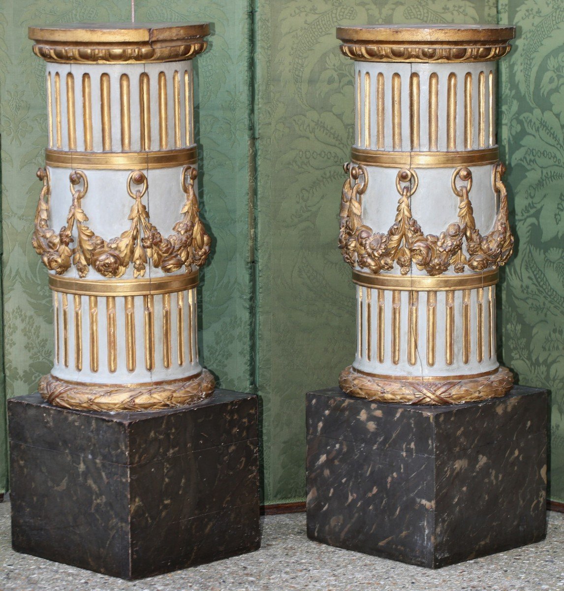 Pair Of Louis XVI Period Lacquered And Gilded Wood Columns Circa 1780