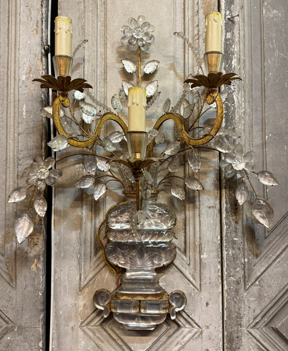 Pair Of Large 3-arm Wall Lights, Flower Vase, Early 20th Century Work, Maison Bagues-photo-2