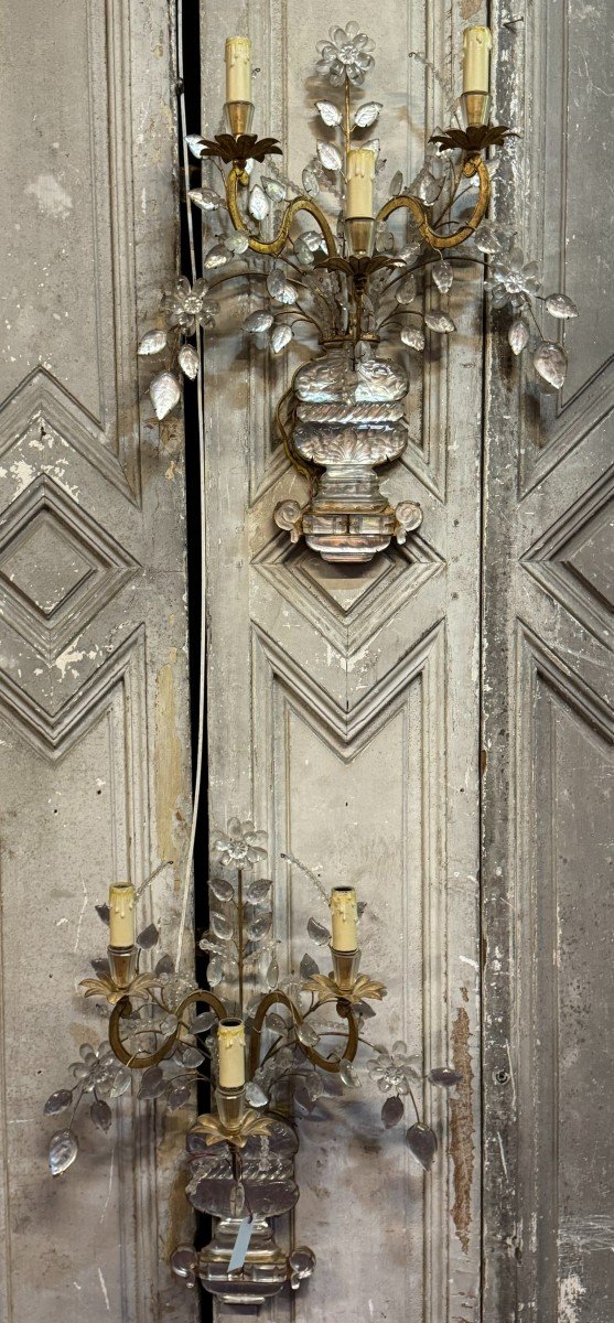 Pair Of Large 3-arm Wall Lights, Flower Vase, Early 20th Century Work, Maison Bagues-photo-1