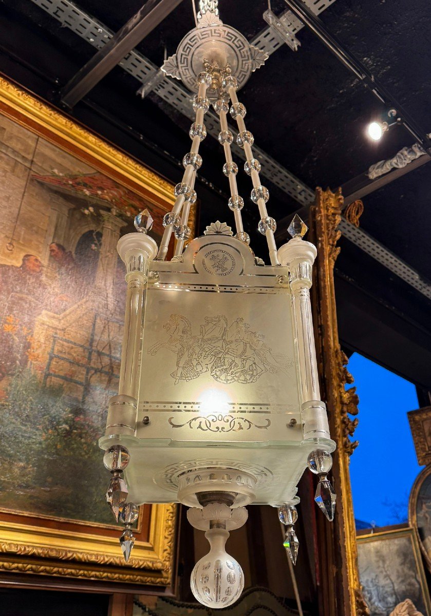 Engraved And Frosted Crystal Lantern Attributed To Maison Baccarat, 19th Century