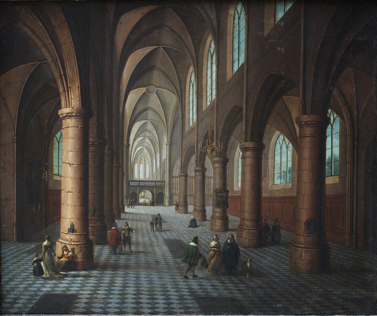 Peter Neefs The Elder 1578-1656 Follower Of, Church Interior, Oil On Canvas 19th Century-photo-2