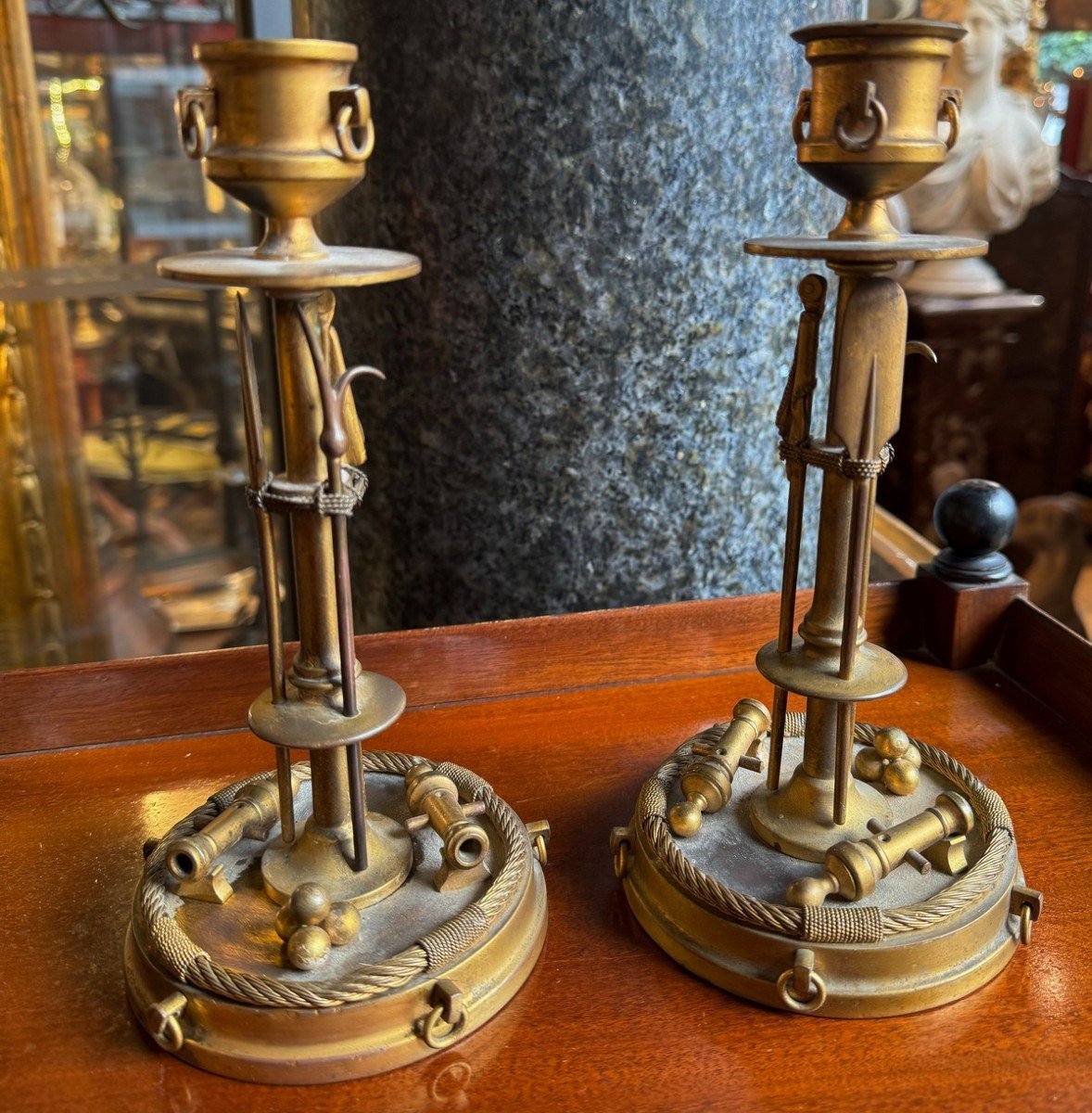 Pair Of Gilt Bronze Candlesticks With Navy Attributes, 19th Century-photo-2