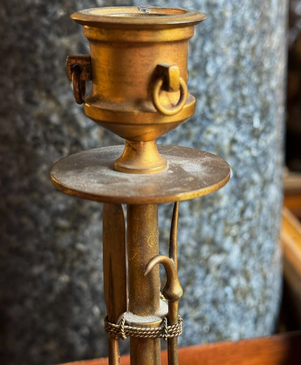 Pair Of Gilt Bronze Candlesticks With Navy Attributes, 19th Century-photo-4