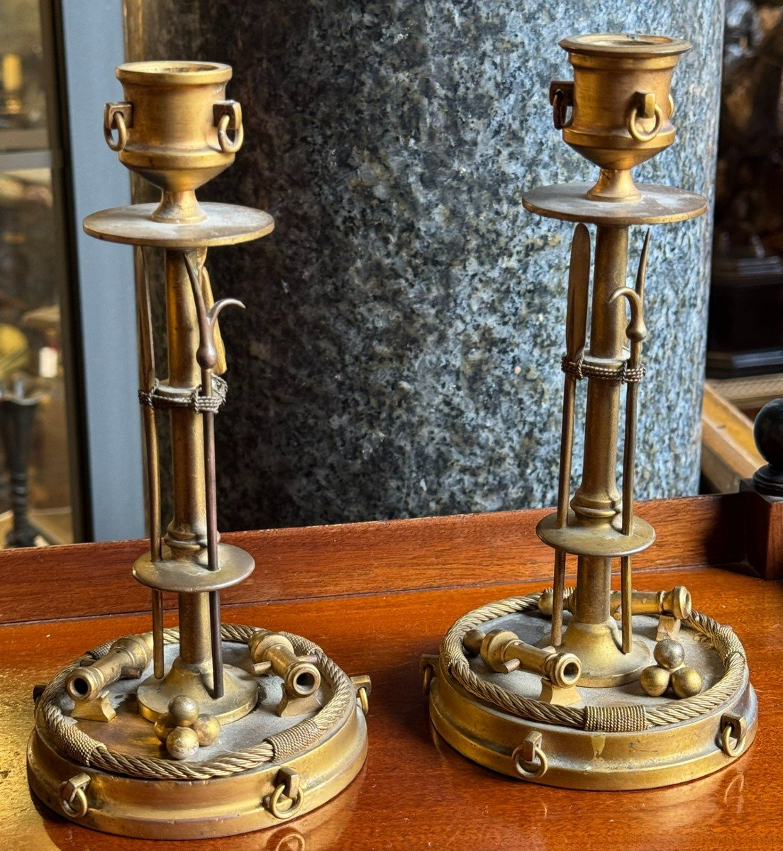 Pair Of Gilt Bronze Candlesticks With Navy Attributes, 19th Century