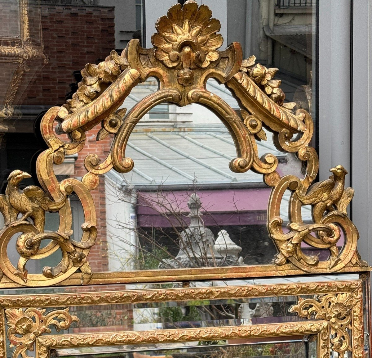 Louis XV Style Fronton Mirror With Parclose, Gilded Wood, 19th Century-photo-3