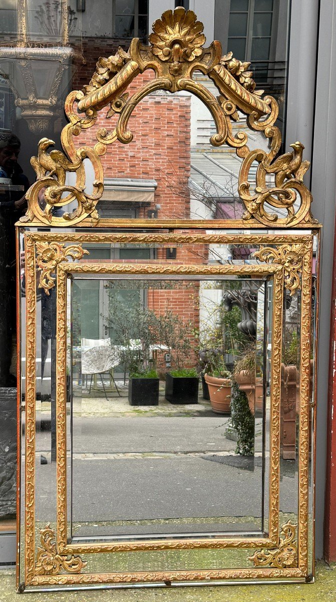 Louis XV Style Fronton Mirror With Parclose, Gilded Wood, 19th Century